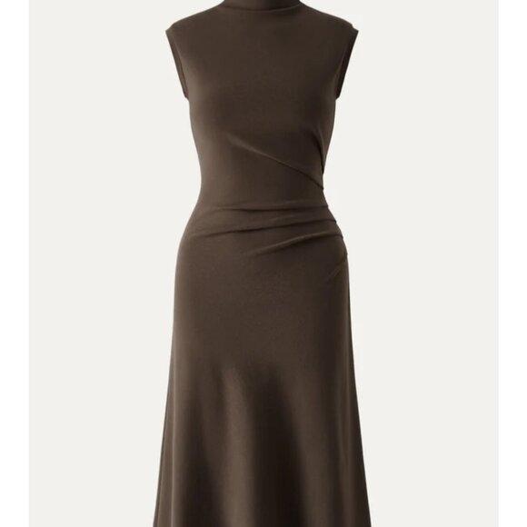 OGL Mockneck Tucks Midi Dress Sz Medium Womens Brown Sleeveless Stretchy Ruched - Picture 9 of 16